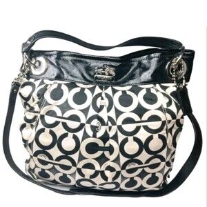 Coach Madison Op Art Canvas Shoulder Bag #14583 Black & Cream Medium Size